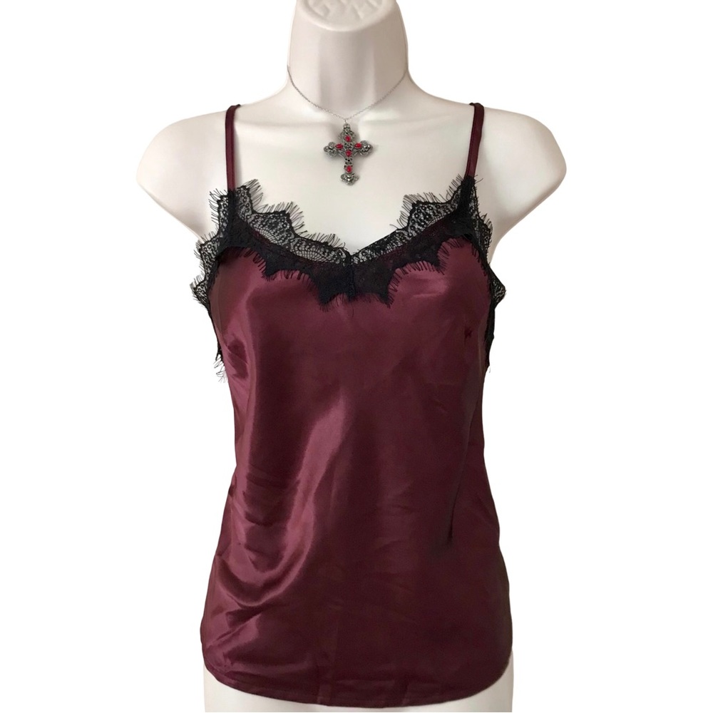 Women’s 90s Style Sexy Red and Black Lace Trim Satin Silk Top Fairy Grunge Goth